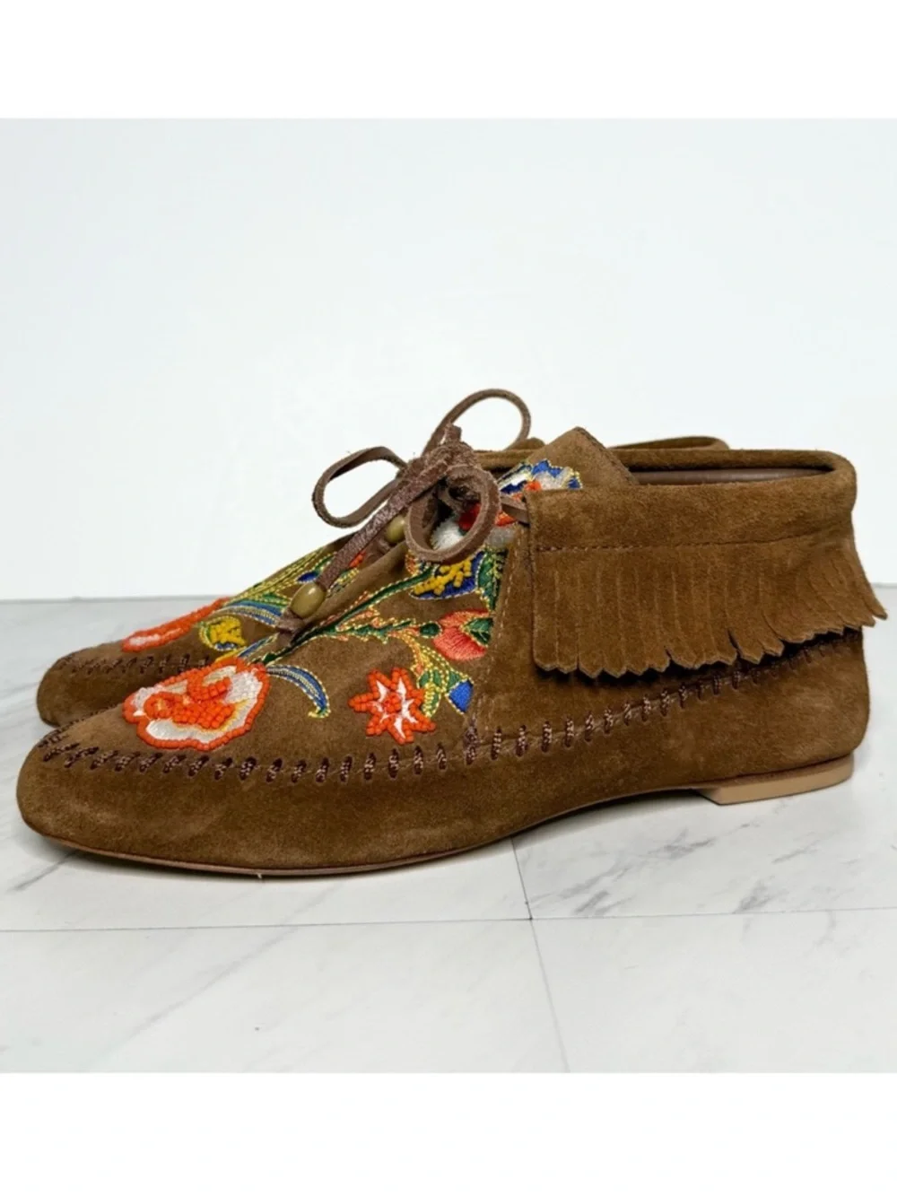 Tory Burch Huntington Fringe Embroidered Brown Suede Moccasins 6M